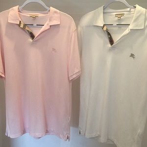 Two Burberry Brit color white/light pink polos.